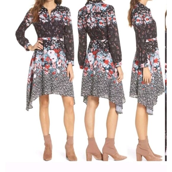 Julia Jordan Shirt Dress Long Sleeve Collared Shark Bite Button Front Floral 14 - Picture 2 of 11
